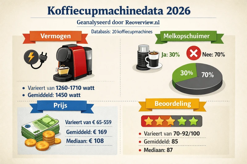Infographic met kerncijfers uit de koffiecupmachine data-analyse 2026 voor Nederland